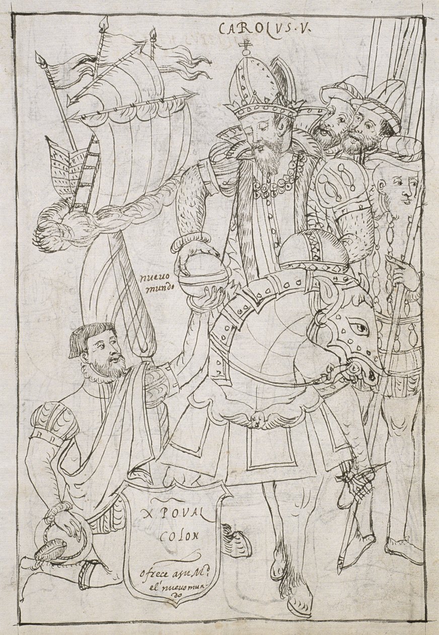 Christophe Colomb (1451-1506) offre symboliquement le Nouveau Monde à Charles V (1500-08), de Historia de Tlaxcala par Diego Muñoz Camargo - Mexican School
