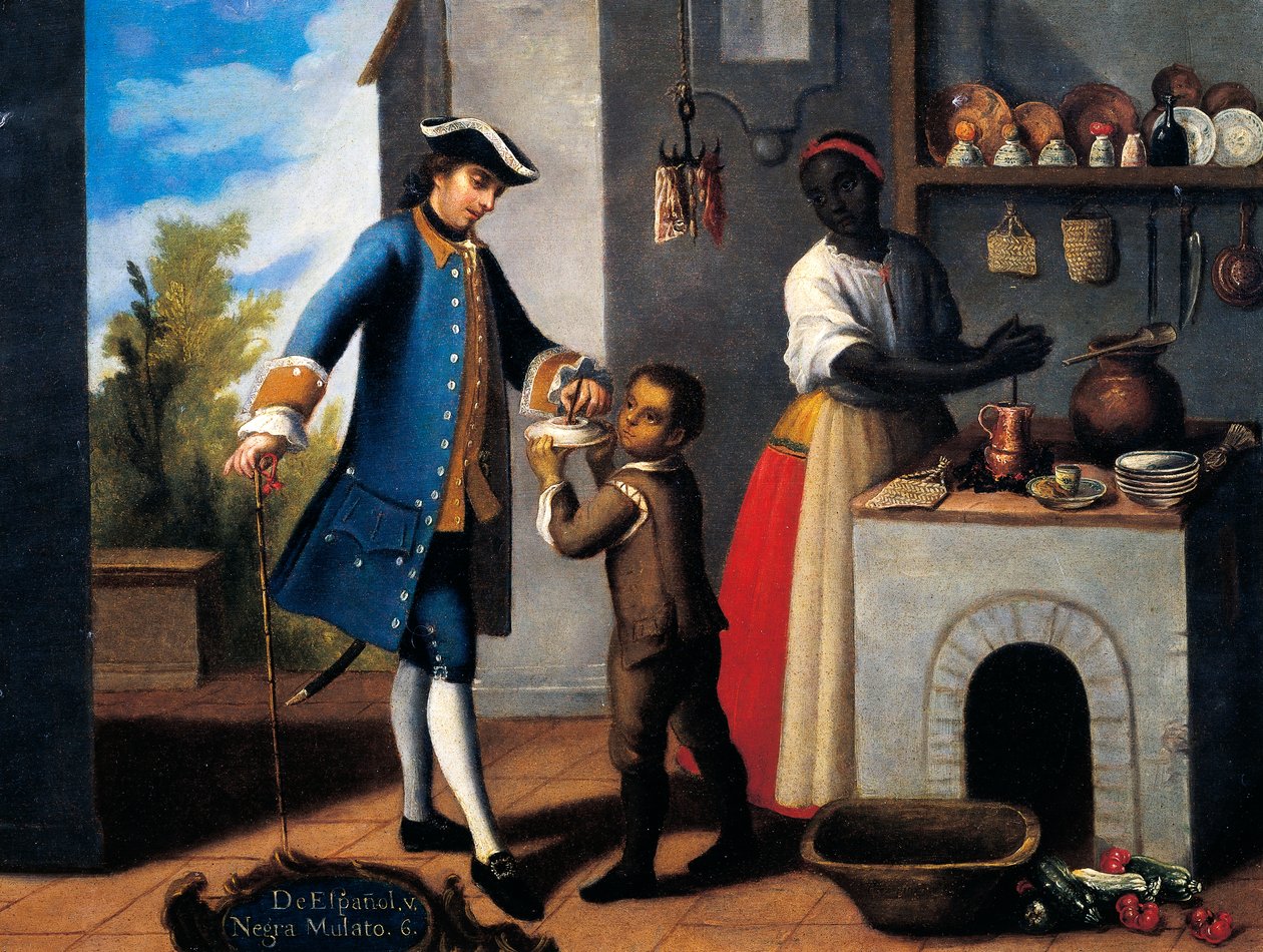 Homme espagnol blanc, femme noire et fils métis (mulâtre), Peinture sur le thème du métissage - Mexican School