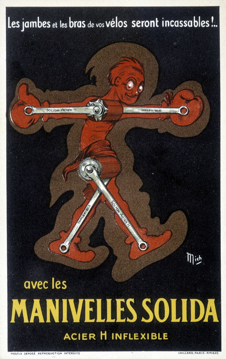 Publicité pour des manivelles de vélo en acier massif. Dessin de Mich (Michel Liebeaux) - Mich
