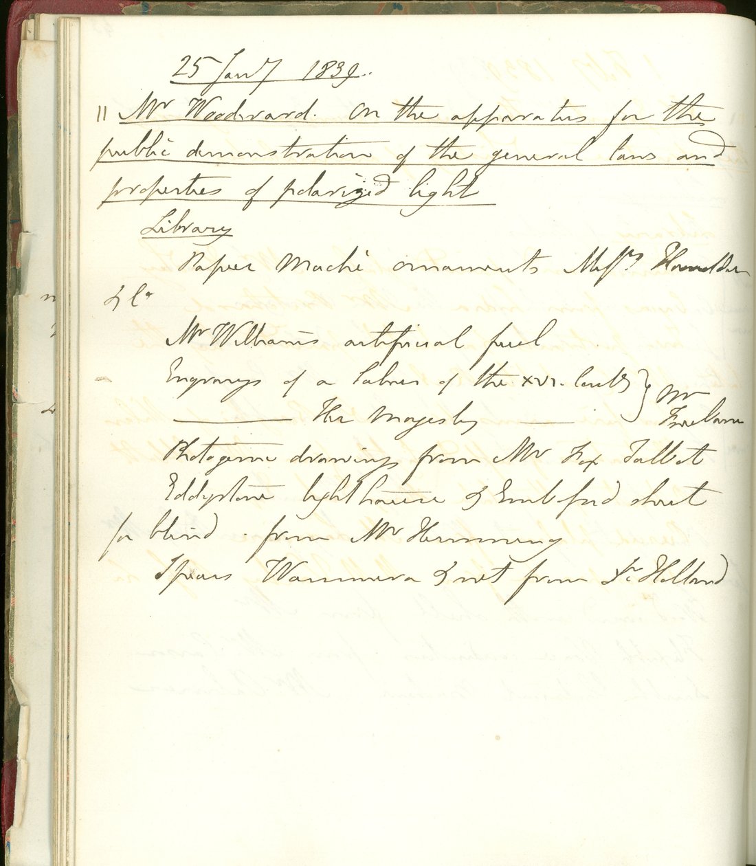 Une page du carnet de Michael Faraday annonçant une exposition des nouveaux dessins photographiques de William Fox-Talbot, à la Royal Institution, le 25 juillet 1839 - Michael Faraday