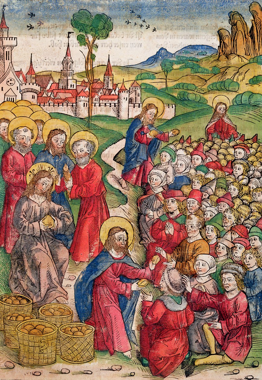 La multiplication des pains et des poissons, 1491 (gravure sur bois en couleur) - Michael Wolgemut