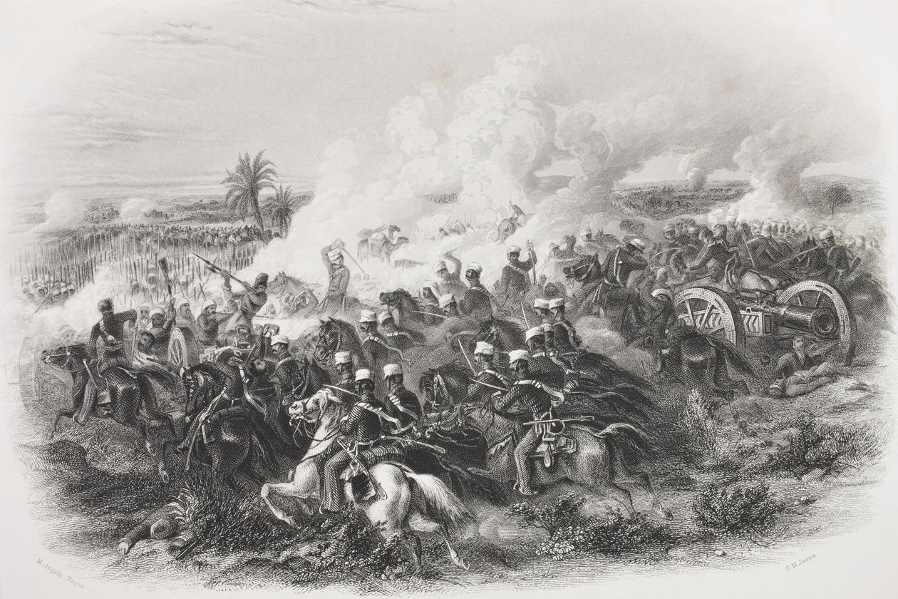 La bataille de Moodkee, 1845, gravée par C.H. Jeens, de 