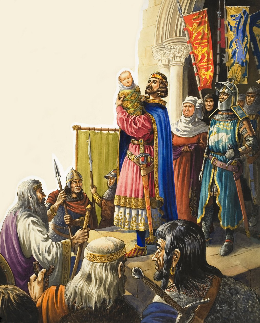 Le roi Édouard Ier (1239-1307) présente son petit garçon (gouache sur papier) - Michael Godfrey