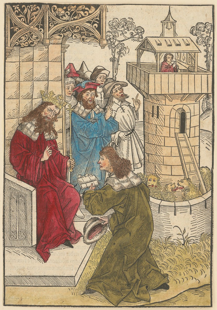 Ein Fürst kniet vor König Darius und der betende Daniel über der Löwengrube - Michael Wolgemut