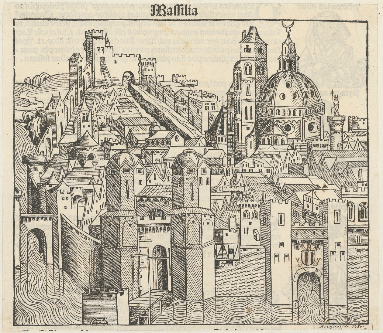 Phantasieansicht der Stadt Marseille [recto], drei Porträts (Phereades, Pythagoras und Sappho) [verso] - Michael Wolgemut