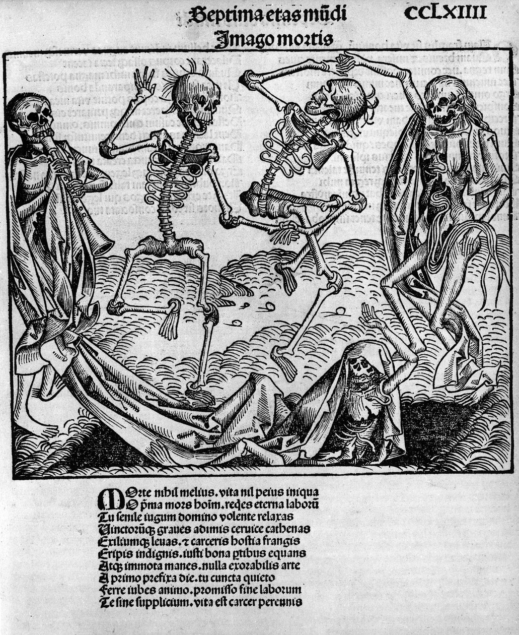 Scène de danse macabre, avec des squelettes, -dans « Chroniques de Nuremberg » par Hartmann Schedel (1440-1514), édité à Nuremberg par Anton Koberger, 12 juillet - Michael and Pleydenwurff W. (d.1494) Wolgemuth