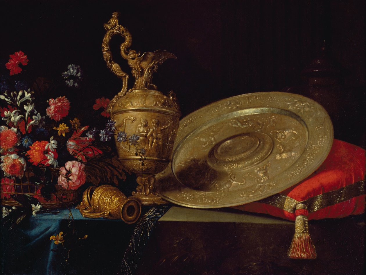 Nature morte avec fleurs et assiette - Michel Gobin
