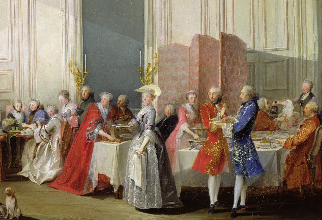 Thé anglais dans le Salon des Quatre Glaces à la maison du Prince de Conti (1717-76) Palais du Temple, détail des invités, 1766 - Michel Barthelemy Ollivier or Olivier