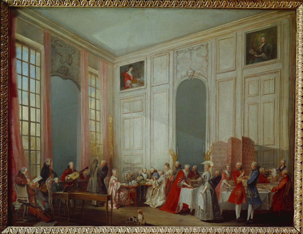 Thé dans le salon du prince de Conti au Palais du Temple (peinture sur toile) - Michel Barthelemy Ollivier or Olivier
