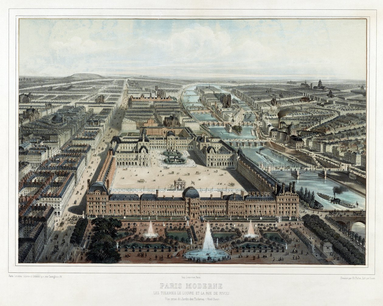 Paris Moderne - Les Tuileries, le Louvre, et la rue de Rivoli, vue prise du Jardin des Tuileries (Nord-Ouest) - Charles Fichot