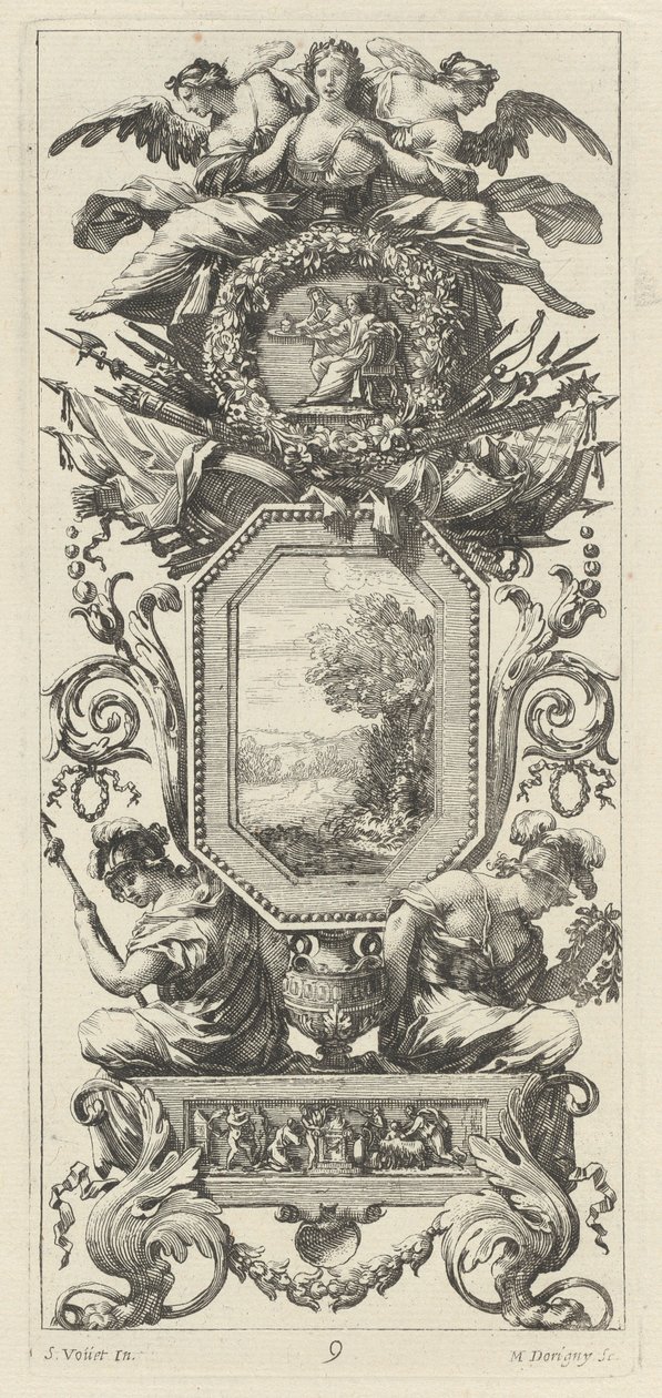 Panneau ornemental surmonté de deux figures s
