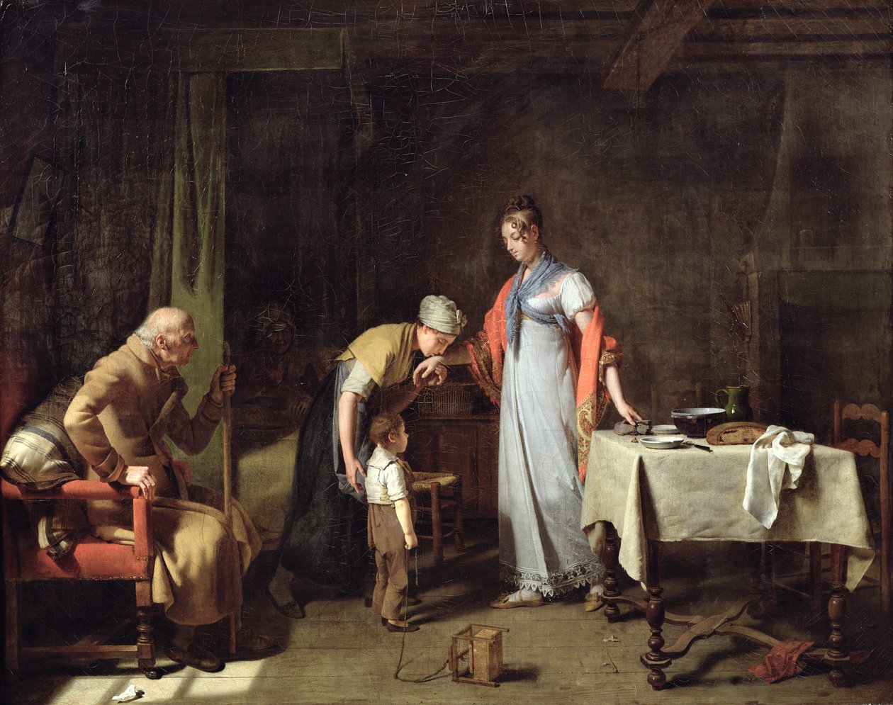 Jeune femme aidant une famille malheureuse - Michel Martin Drolling