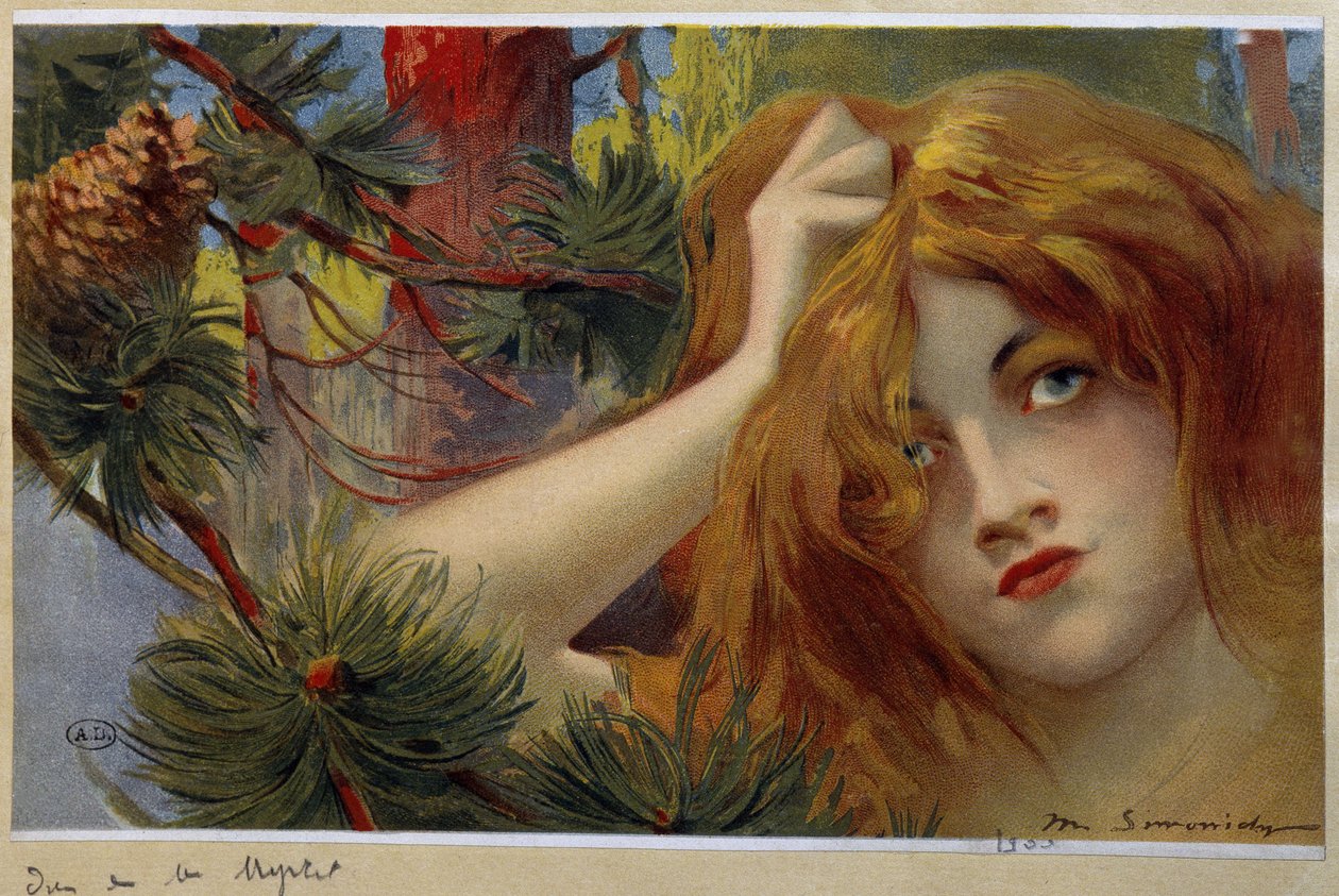 Femme rousse inquiète, tête levée - chromo. par Simondy - Michel Simonidy