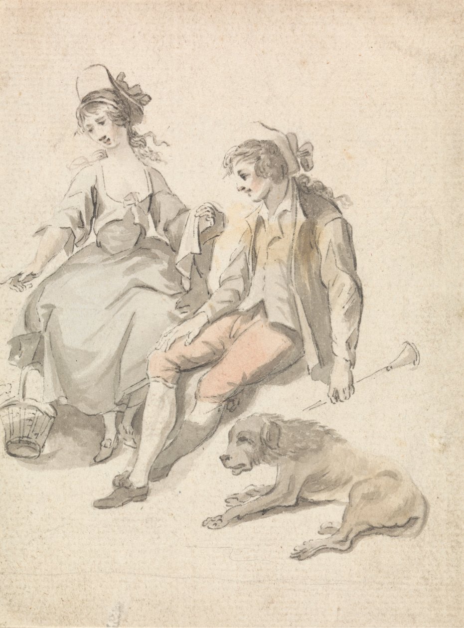 Berger, bergère et chien - Michel Vincent Brandoin