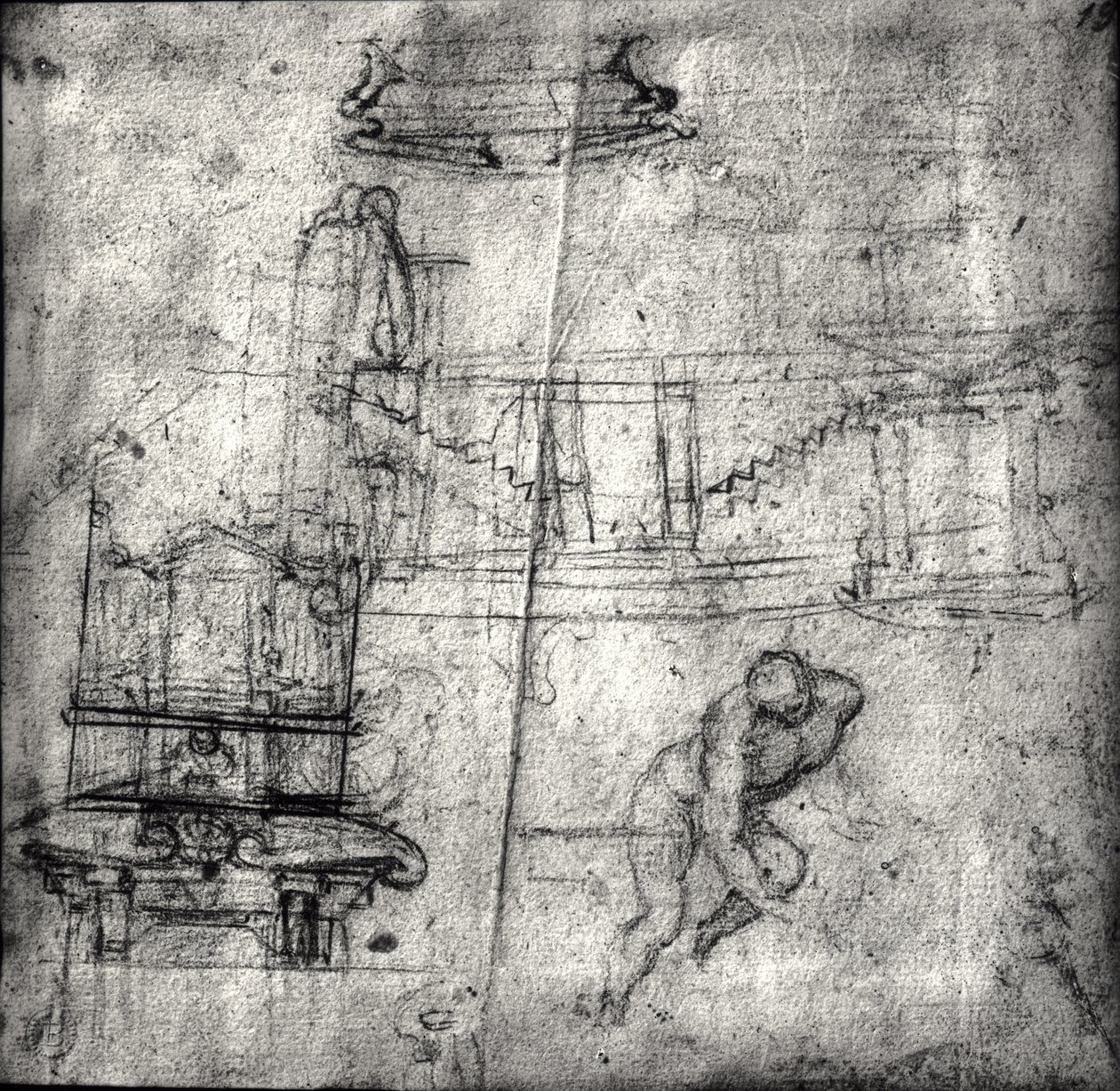 Croquis avec études architecturales et un homme nu - Michelangelo Buonarroti