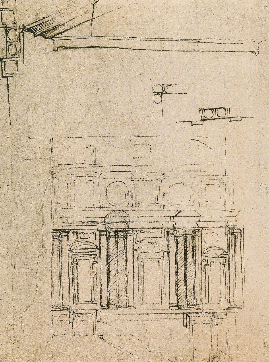 Étude pour le revêtement du ricetto de la Bibliothèque Laurentienne, dessin de Michel-Ange. Casa Buonarroti, Florence - Michelangelo Buonarroti