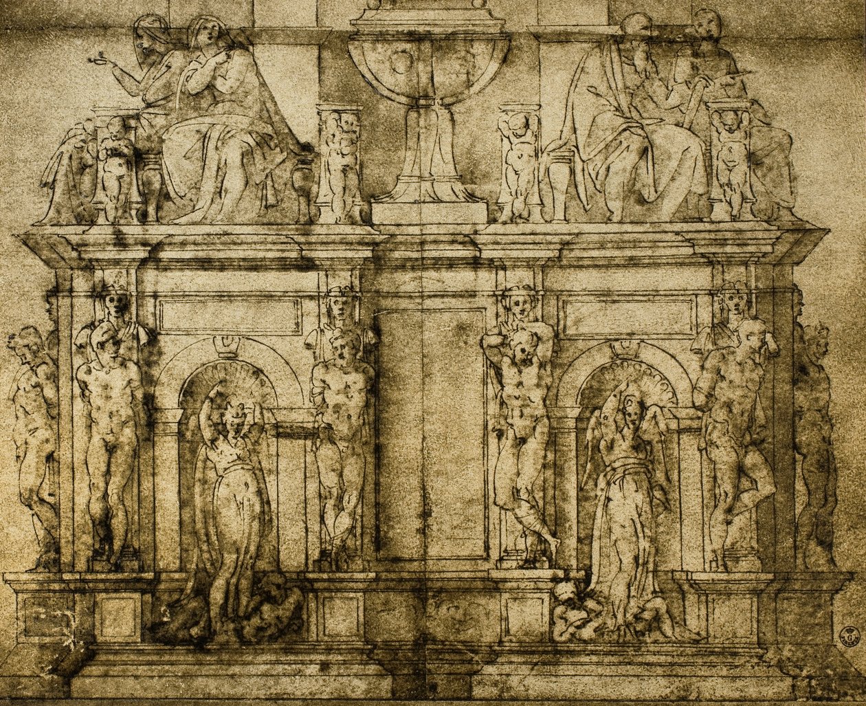 Tombeau du pape Jules II, dessin préparatoire de Michel-Ange, Cabinet des Dessins et Estampes, Galerie des Offices, Florence - Michelangelo Buonarroti