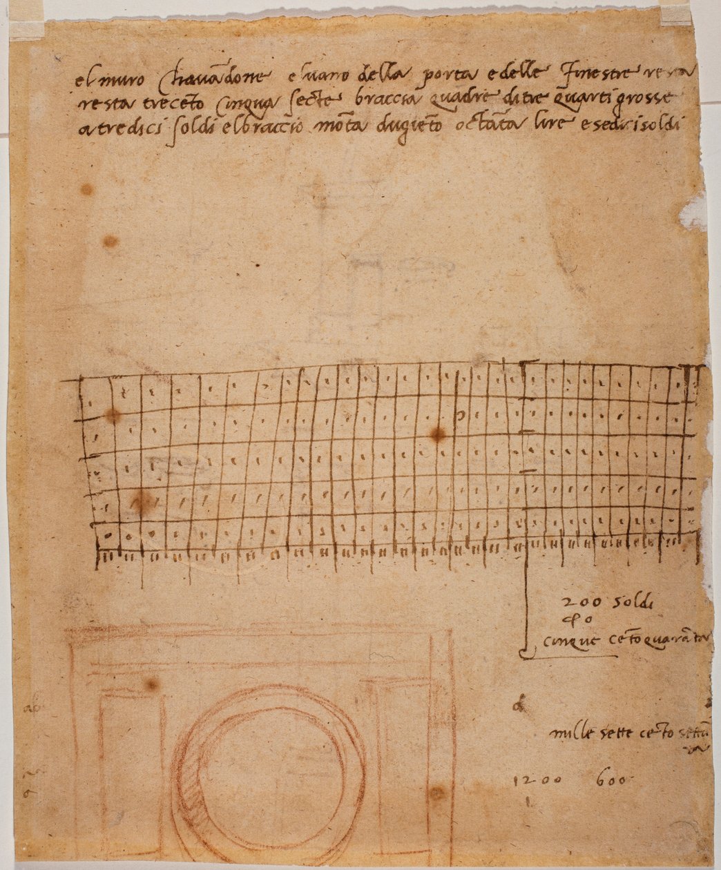 Esquisse pour une fenêtre, annotations autographes et calcul graphique - Michelangelo Buonarroti