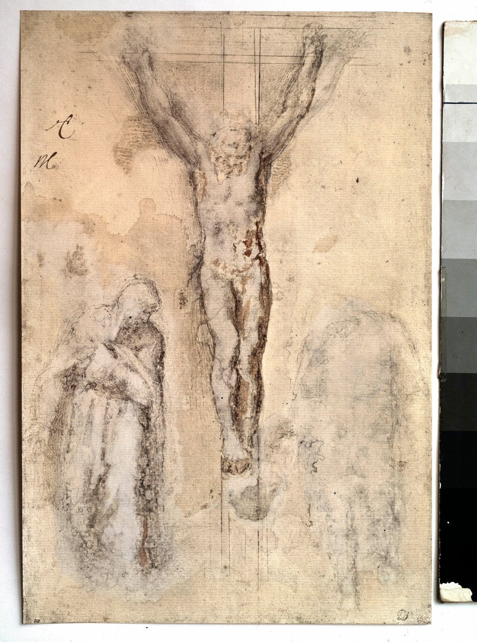 Étude pour une crucifixion. Représentation du Christ en croix avec la Vierge et Saint Jean. Dessin par Michelangelo Buonarroti dit Michel-Ange - Michelangelo Buonarroti