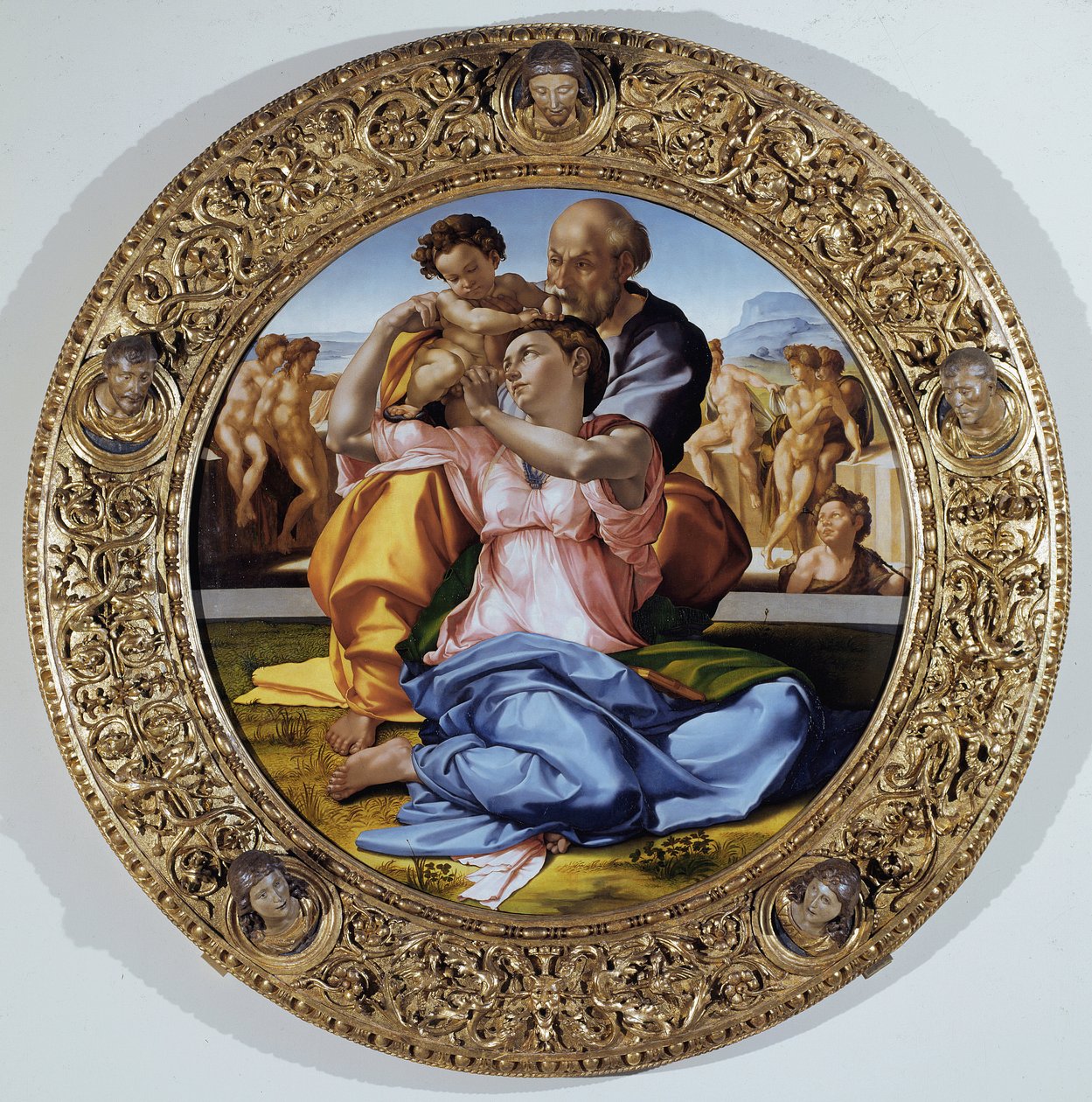 Tondo Doni: La Sainte Famille avec Saint Jean-Baptiste enfant - Michelangelo Buonarroti