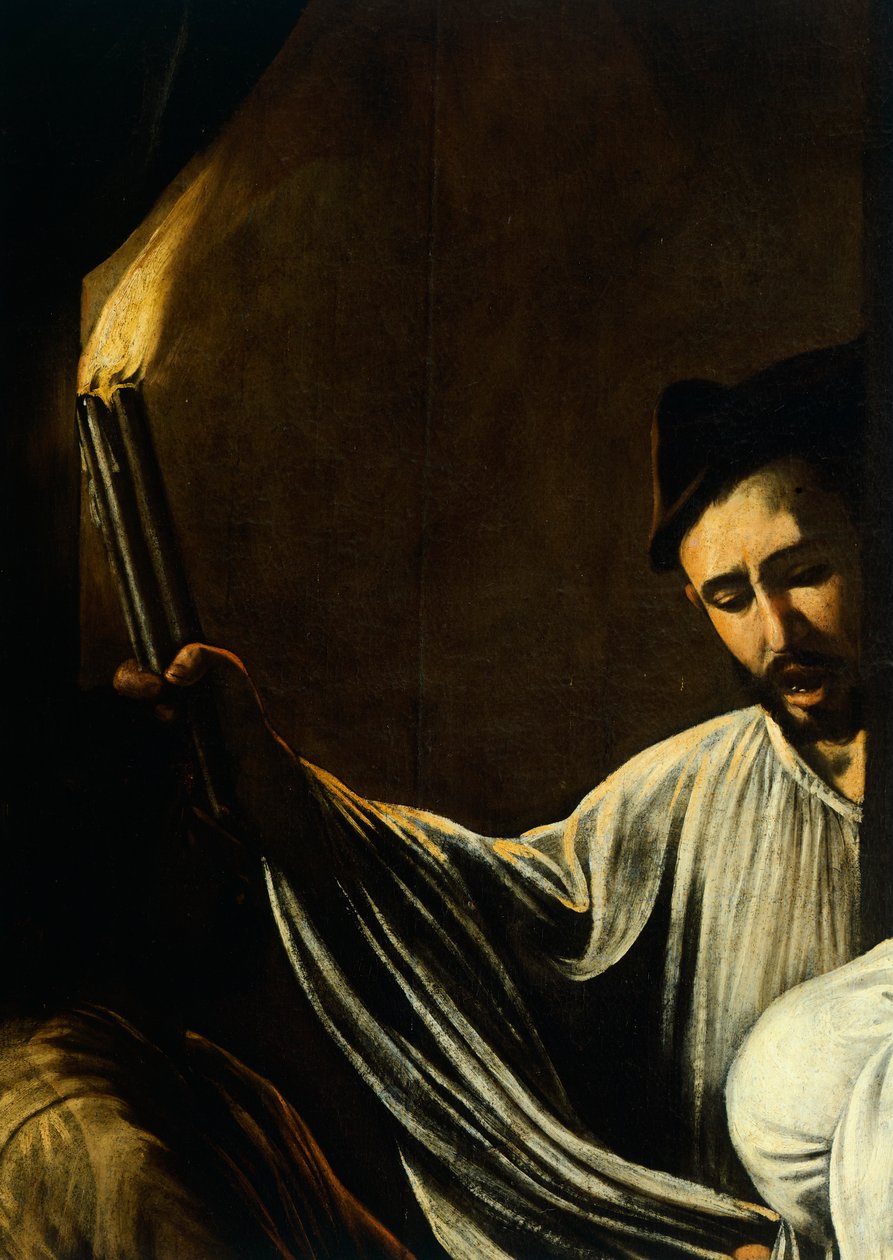 Un homme tenant une torche et enterrant un mort (détail) - Michelangelo Merisi da Caravaggio
