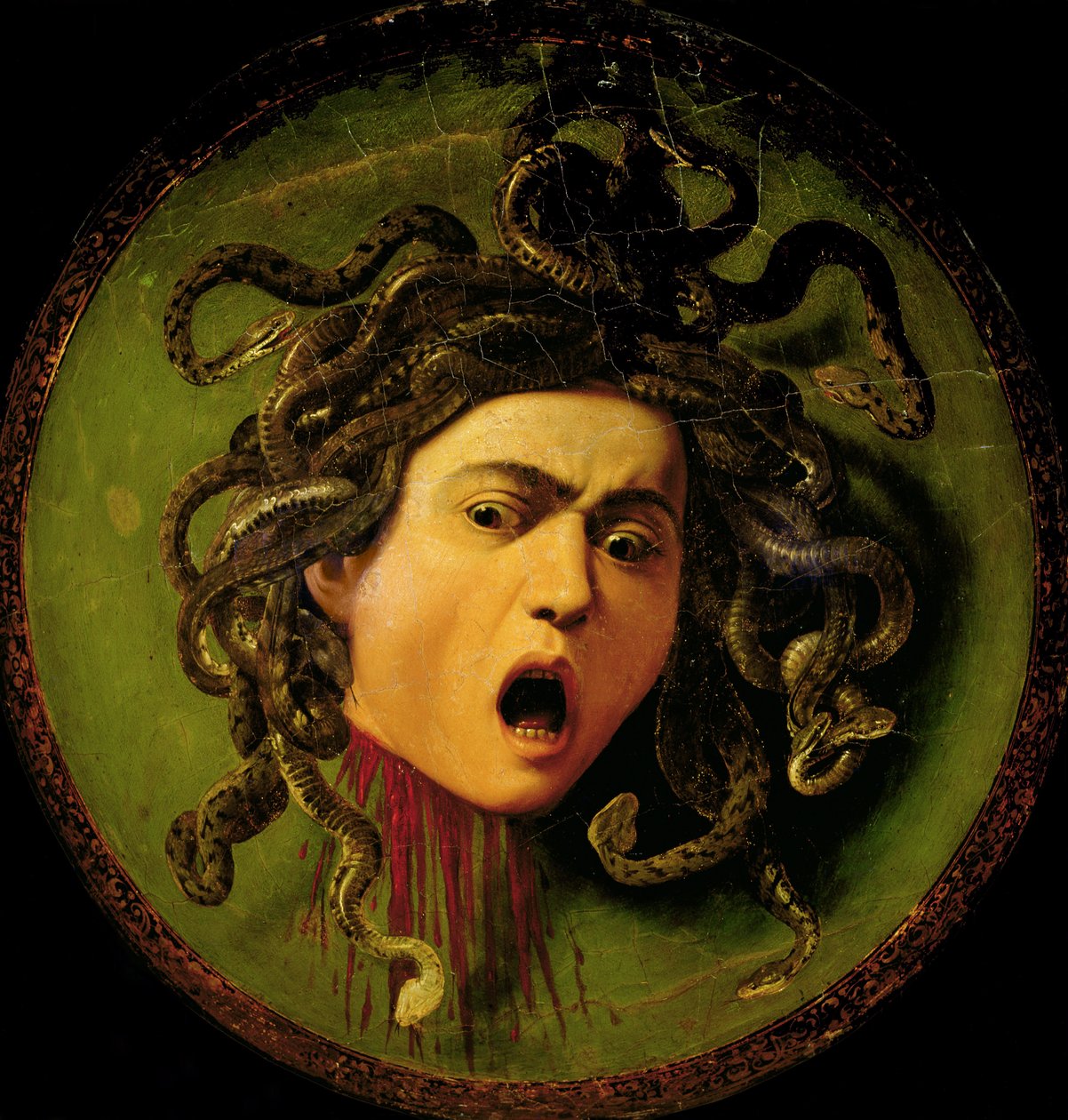 Méduse, peinte sur un bouclier de joute en cuir, c.1596-98 (avant restauration) - Michelangelo Merisi da Caravaggio
