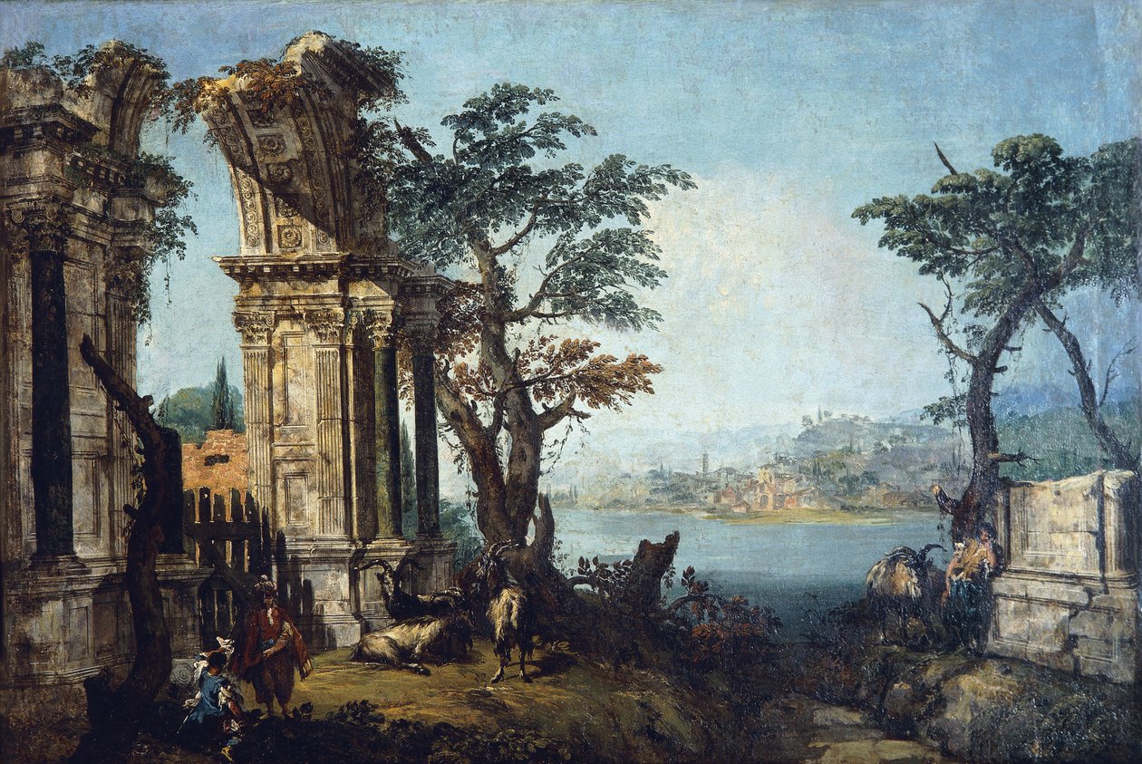 Caprice avec arche classique et chèvres - Michele Marieschi