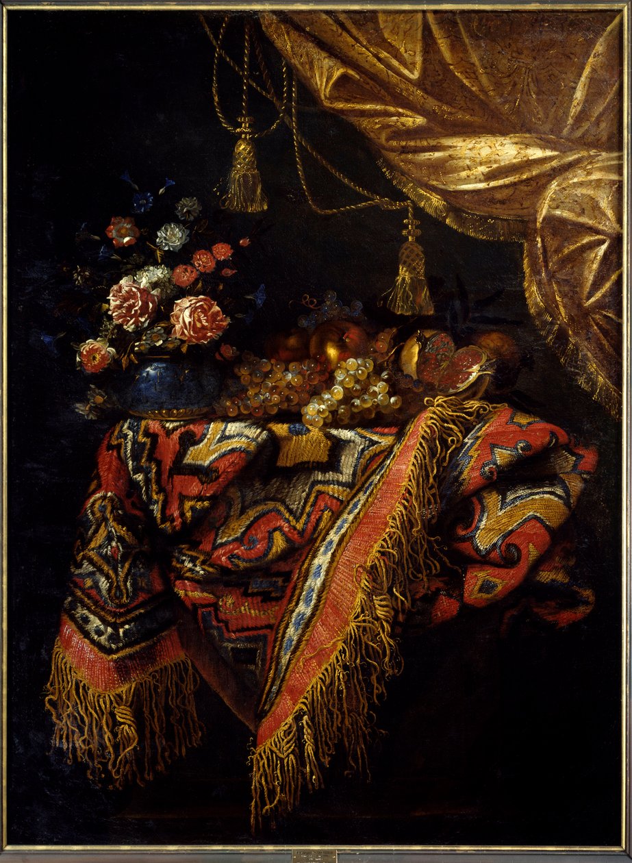 Nature morte Fruits et fleurs posés sur une nappe - Michele Pace del Campidoglio