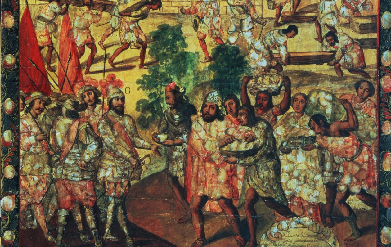Hernan Cortes entrant à Cempoal et recevant le chef Gordo offrant de la viande et des présents à tous les Espagnols (détail) - Miguel Gonzalez