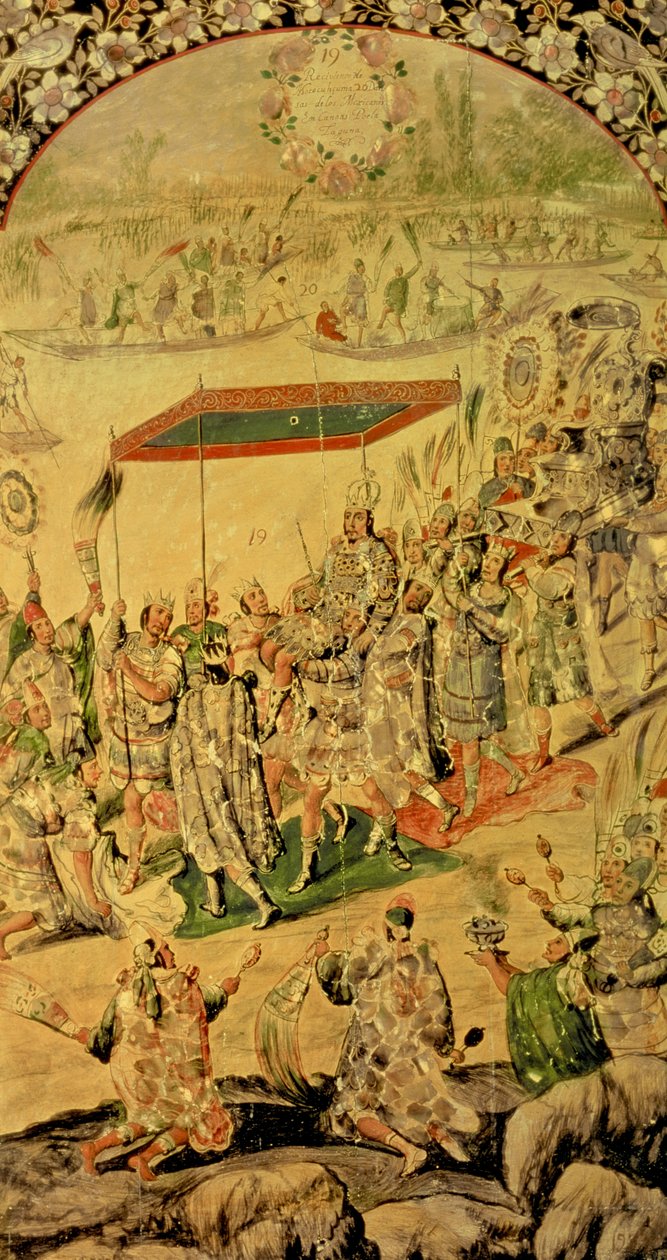 Une des deux panneaux représentant la rencontre entre Hernando Cortes (1485-1547) et Montezuma (1466-1520) : Montezuma et ses partisans, 1698 - Miguel and Juan Gonzalez