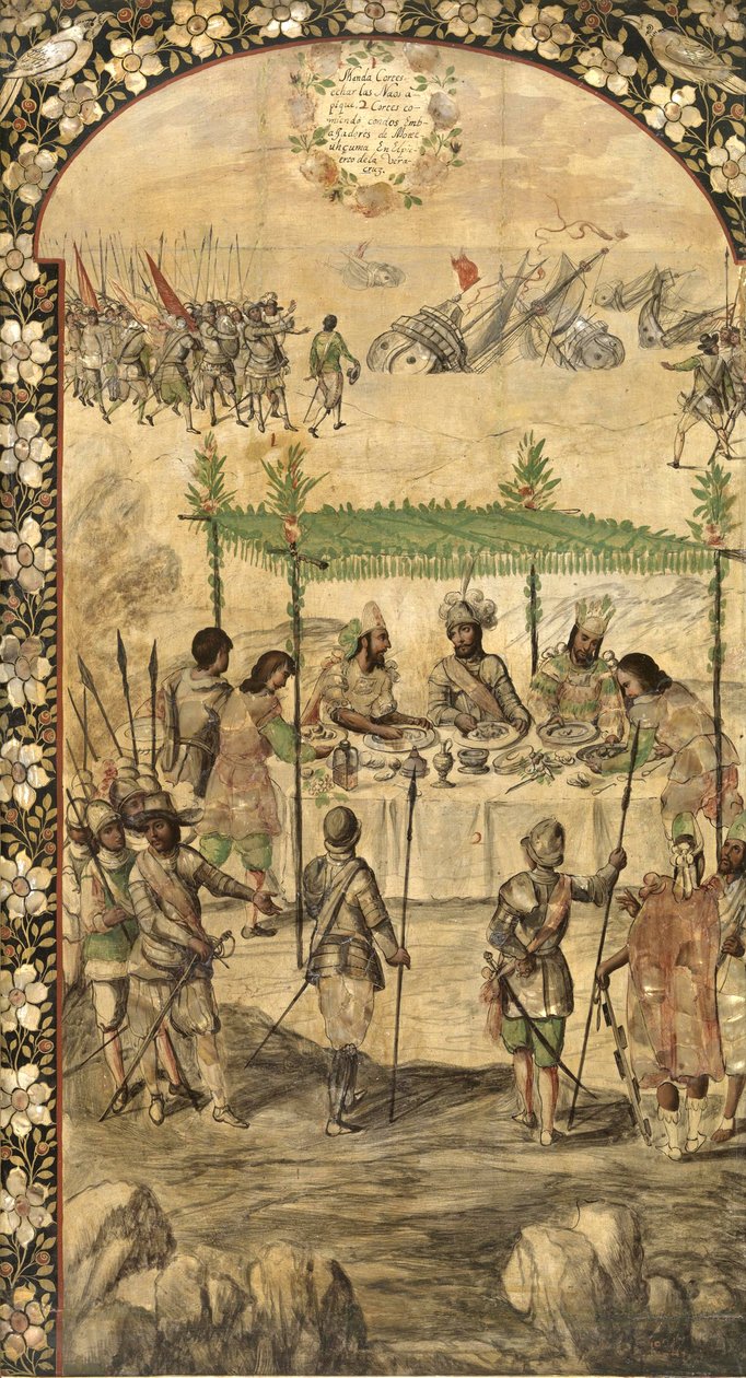 Ordonne la destruction des navires et rencontre les ambassadeurs de Montezuma en 1520 - La conquête du Mexique par Hernan Cortes - Miguel and Juan Gonzalez