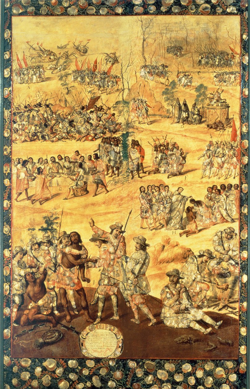 La Rencontre entre Hernando Cortes et Montezuma, panneau de la Conquête du Mexique - Miguel and Juan Gonzalez