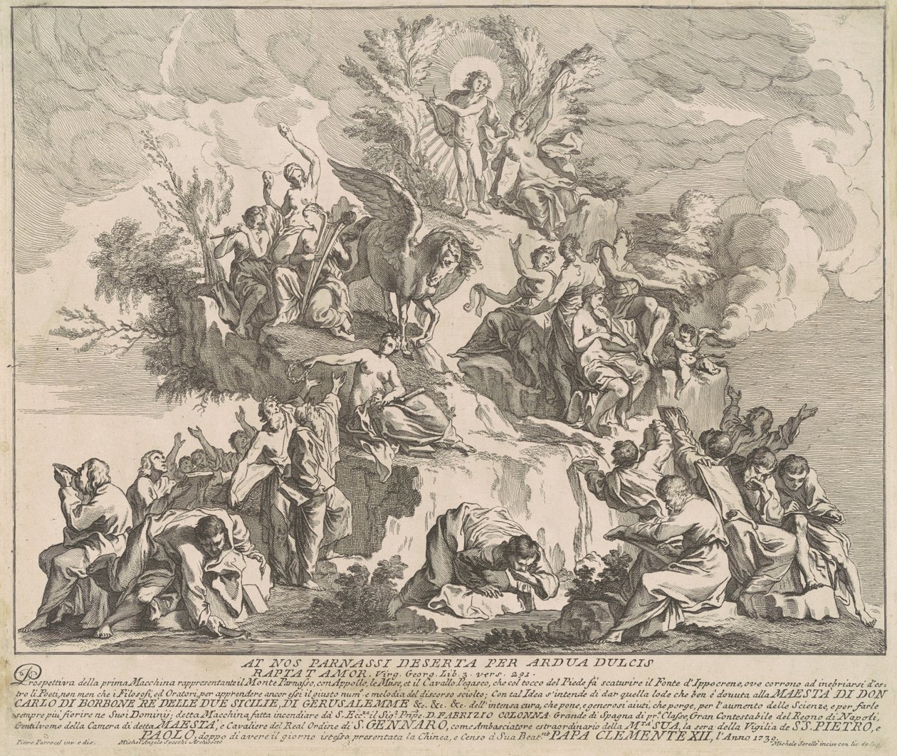 La Prima Macchina pour la Chinea de 1739 : Mont Parnasse avec Apollon, les Muses et Pégase - Miguel de Sorellò, after Pierre Parrocel, after Michelangelo Specchi