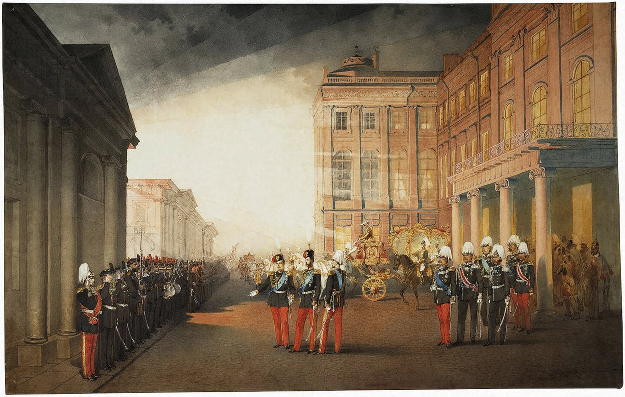 Parade devant le palais Anichkov le 26 février 1870, 1870 - Mihaly von Zichy