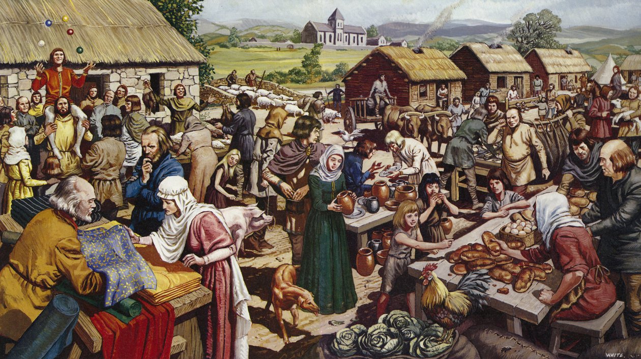 Saxon village fair (colour litho) - Mike (20th century) White