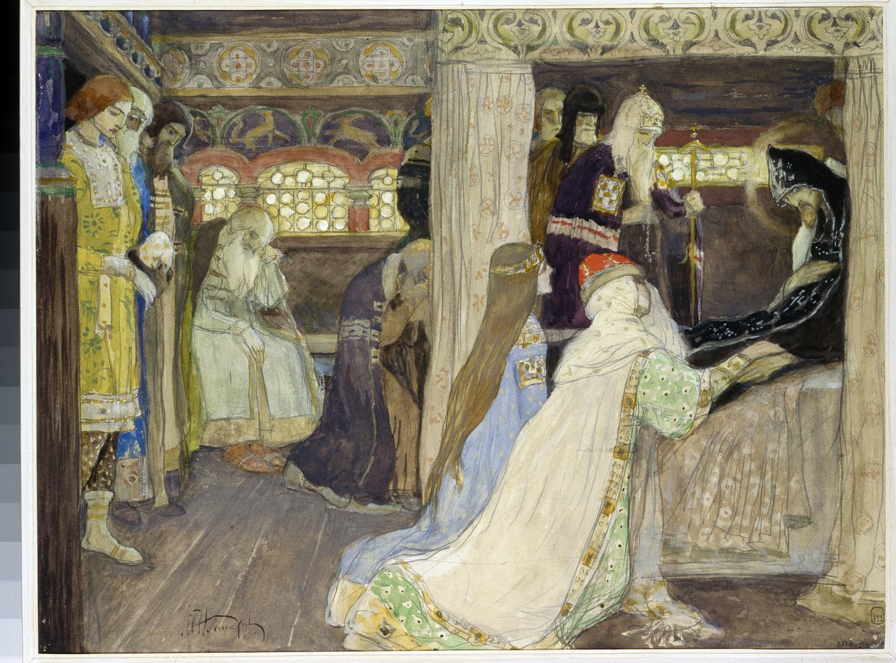 La mort du grand-duc Alexandre Nevski (1220-1263). Œuvre de Mikhail Vasilyevich Nesterov (1862-1942), aquarelle et gouache sur papier - Mikhail Vasilievich Nesterov
