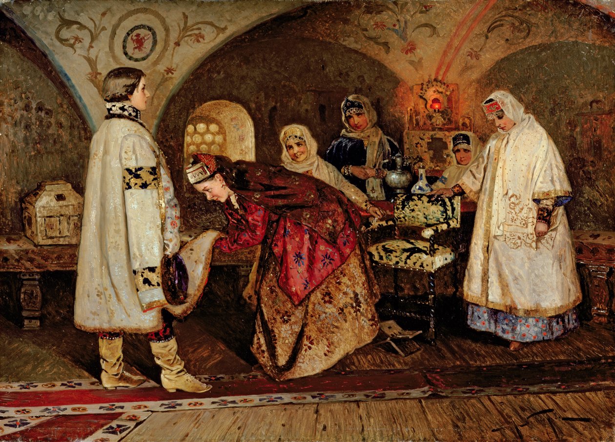 Le Tsar Alexis Mikhaïlovitch (1629-76) rencontrant sa fiancée, Maria Miloslavsky, 1887 - Mikhail Vasilievich Nesterov