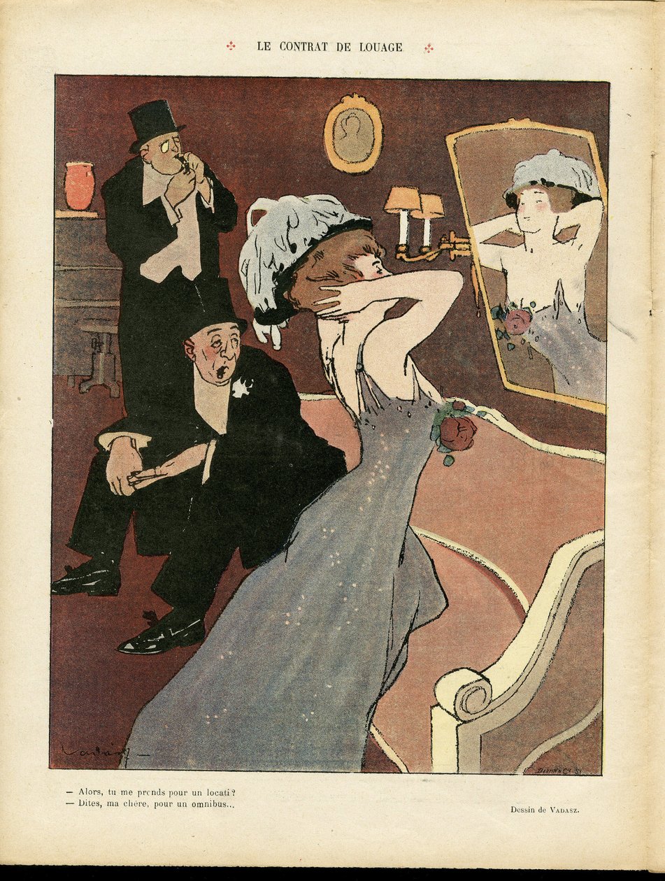 Illustration de Miklos Vadasz (1884-1927) dans Le Rire, 07/03/08 - Le contrat de location - Prostitution, architecture intérieure - Miklós Vadász