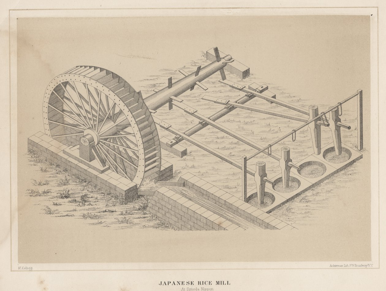 Moulin à riz japonais à Simoda Nippon, 1855 - Miner Kilbourne Kellogg