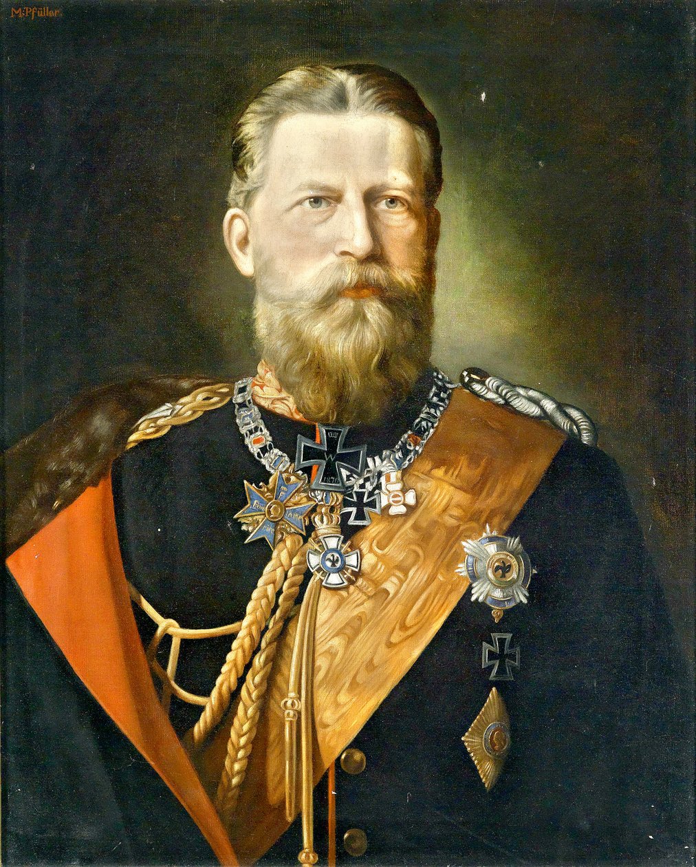 Empereur Frédéric III, roi de Prusse; Portrait en uniforme de maréchal avec décoration - Minna Pfüller
