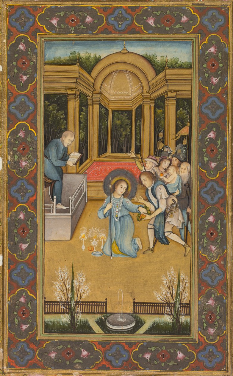 Jésus parmi les docteurs du Temple, vers 1760 (aquarelle opaque avec or sur papier, bordures florales en couleurs sur fond d