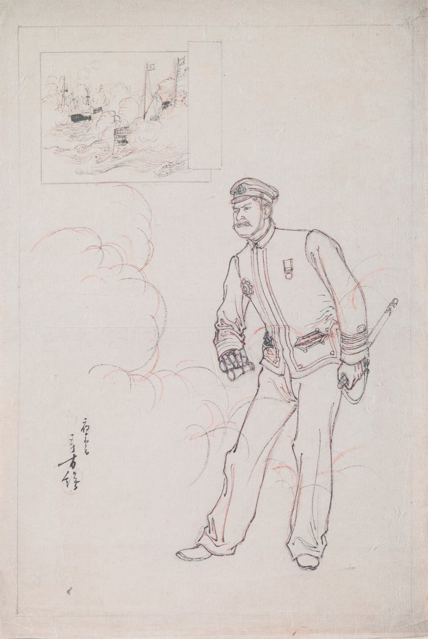 Dessin préparatoire pour une gravure sur bois représentant un officier naval japonais pendant la guerre sino-japonaise - Mizuno Toshikata