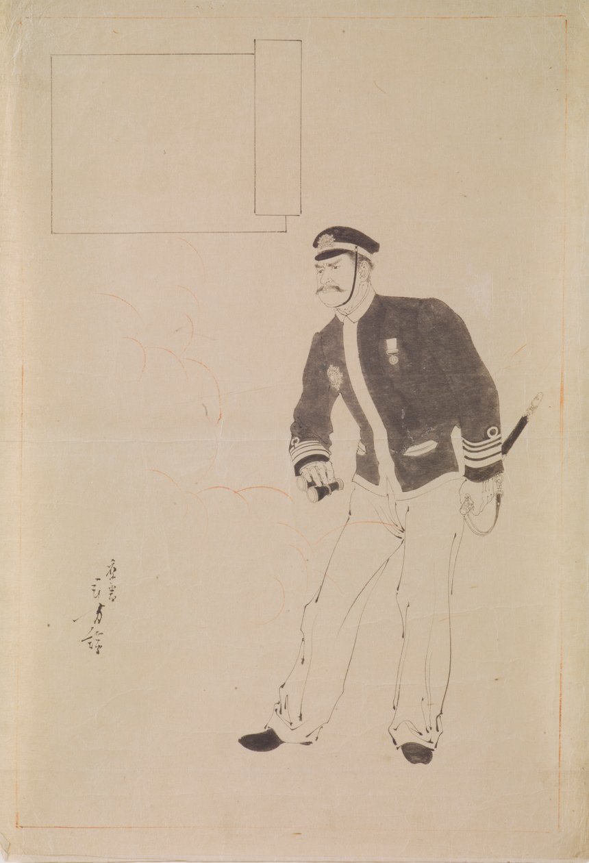 Dessin préparatoire pour une gravure sur bois représentant un officier naval japonais pendant la guerre sino-japonaise - Mizuno Toshikata
