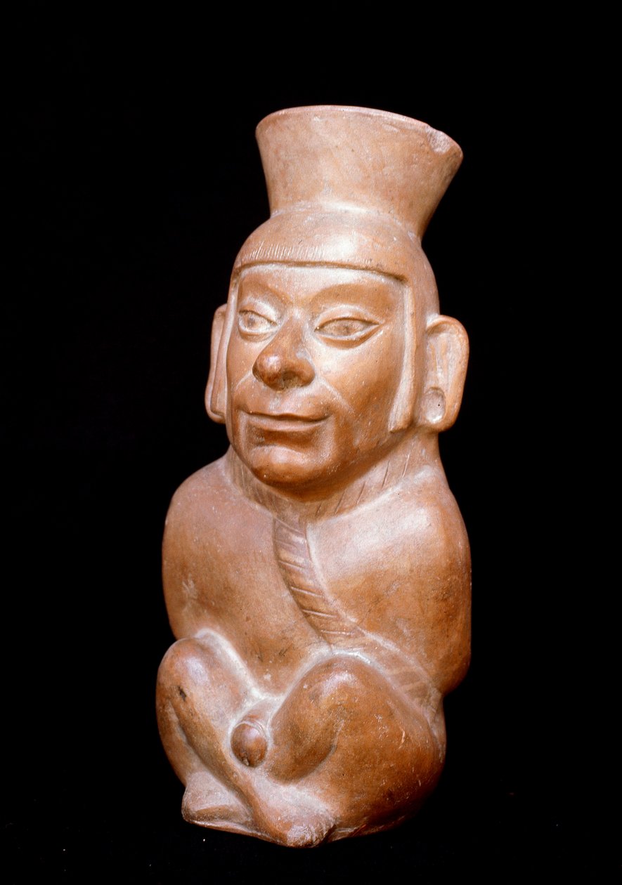 Art précolombien, civilisation Mochica : bouteille en terre cuite anthropomorphe représentant un prisonnier avant son sacrifice. 200 av. J.-C. - 700 apr. J.-C. Lima, Musée National d