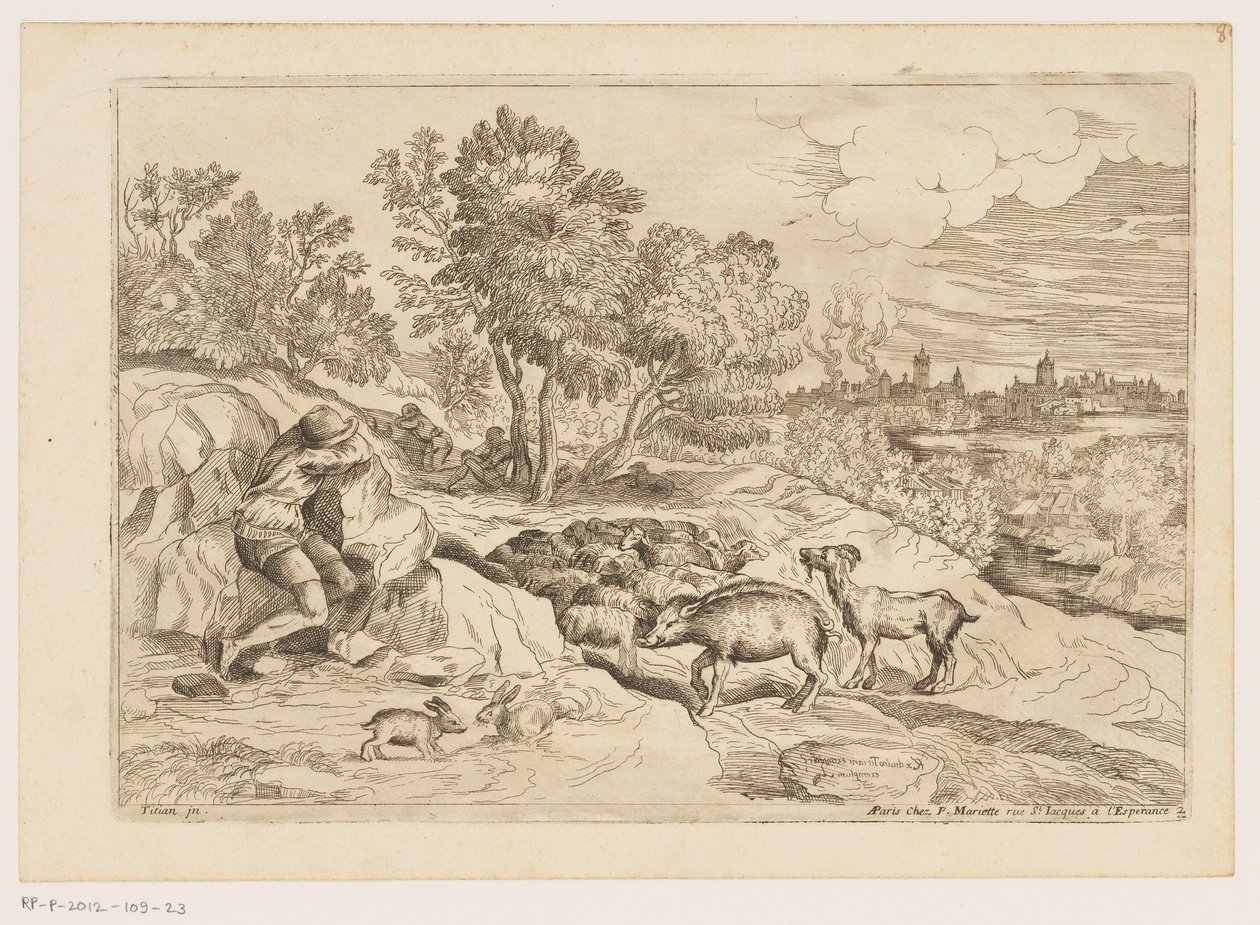 Paysage avec trois bergers se reposant près d