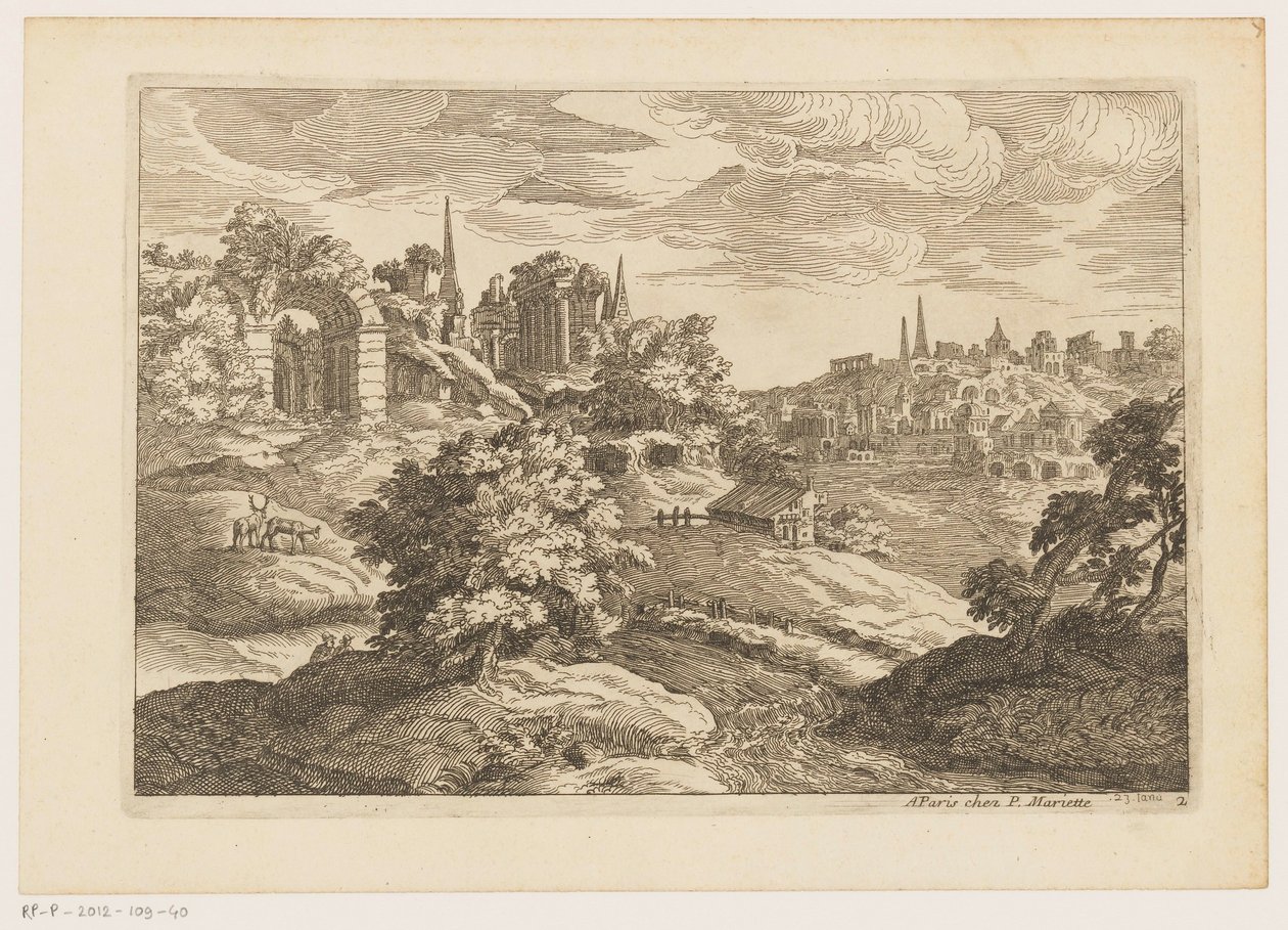 Paysage avec ruines et cerfs - Moise Jean Baptiste Fouard