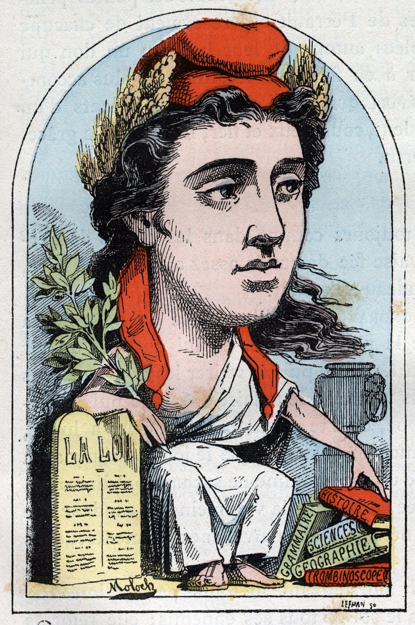 Allégorie de la République (Marianne) dans "Le Trombinoscope" par Touchatout, caricature par B. Moloch de 1882 (1849-1909). Collection privée. - Moloch