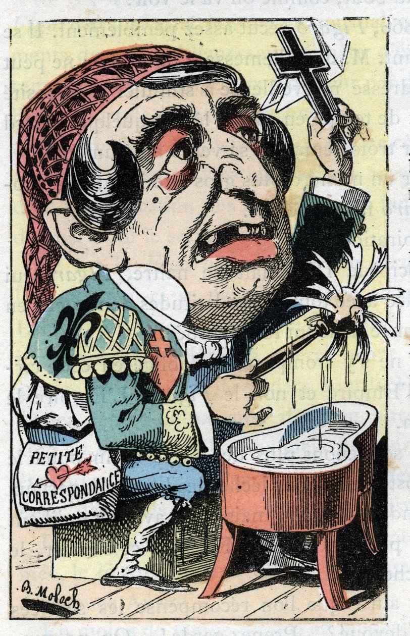Allégorie du journal français Le Figaro dans « Le Trombinoscope » par Touchatout, caricature par B. Moloch de 1882 - Collection privée - Moloch