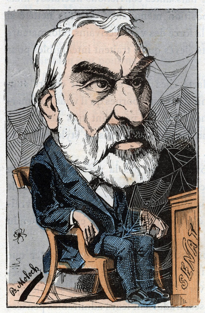Eugène Pelletan (1813-1884), journaliste littéraire et homme politique français dans « Le Trombinoscope » par Touchatout, caricature de B. Moloch de 1882 (1849-1909). Collection privée - Moloch