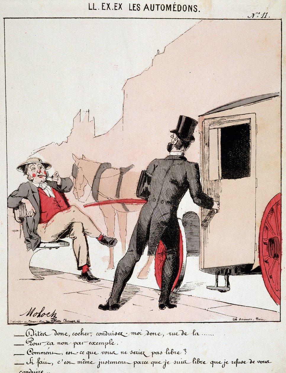 HE. EX. EX. Motoredons : Caricature du transport en ville. Un bourgeois demande à un cocher de l